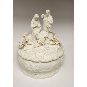 Holiday Nativity Trinket Box, Christmas Keepsake Box Bisque Ceramic 9 1/2" Tall